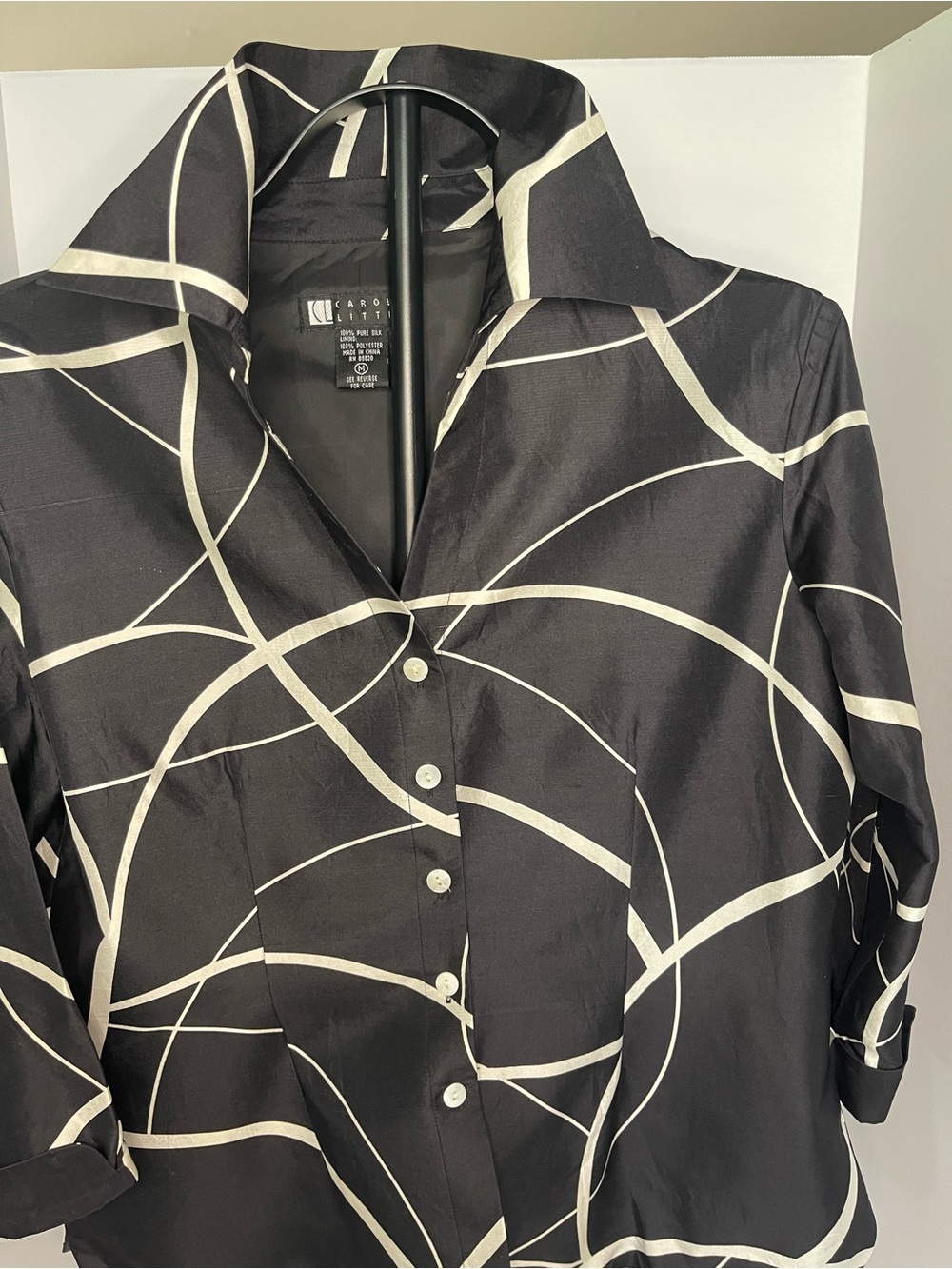 Carole Little Black Button-Front Shirt with White Abstract Lines